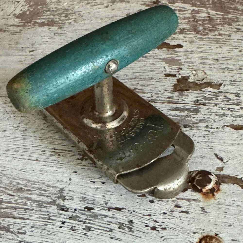 Vintage Edlund Co Top-Off Jar Bottle Screw Top Opener Teal Wood Handle Vermont